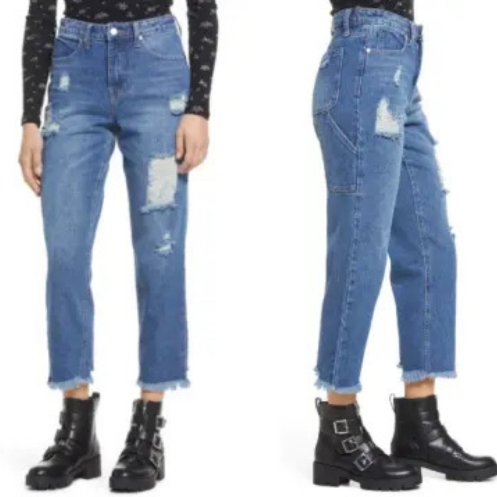 Nordstrom BP. High Waisted Raw Cut Cropped Distressed Carpenter Jeans 28 NWT